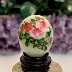 Vintage Hand Painted Green Jade Egg w Flowers Bird & Pink Roses Wood Stand 1.5"